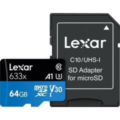 Lexar 633X 64GB 100MB-45MB/s microSDXC UHS-1 Class 10 A1 V30 U3 Hafıza Kartı + Adaptör (LSDMI64GBB633A)