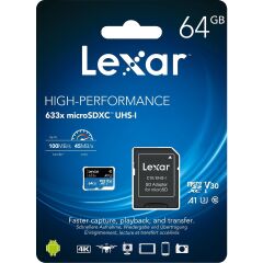 Lexar 633X 64GB 100MB-45MB/s microSDXC UHS-1 Class 10 A1 V30 U3 Hafıza Kartı + Adaptör (LSDMI64GBB633A)