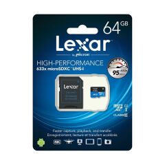 Lexar 633X 64GB 100MB-45MB/s microSDXC UHS-1 Class 10 A1 V30 U3 Hafıza Kartı + Adaptör (LSDMI64GBB633A)