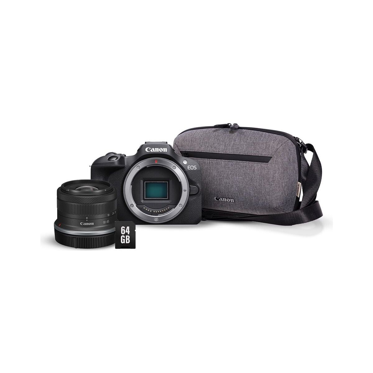 Canon EOS R100 + RF-S 18-45mm IS STM Travel Kit (Omuz Çantası + 64GB SD Kart)